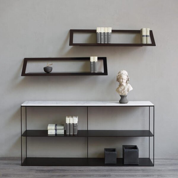 air shelf wall rack ραφια εντοιχισμένα σε μαύρο πάνω απο τον μπουφέ slim marble sideboard