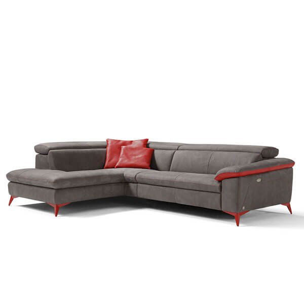 martine corner sofa γωνιακός καναπές σε γκρι σκούρο με κόκκινες λεπτομέρειες